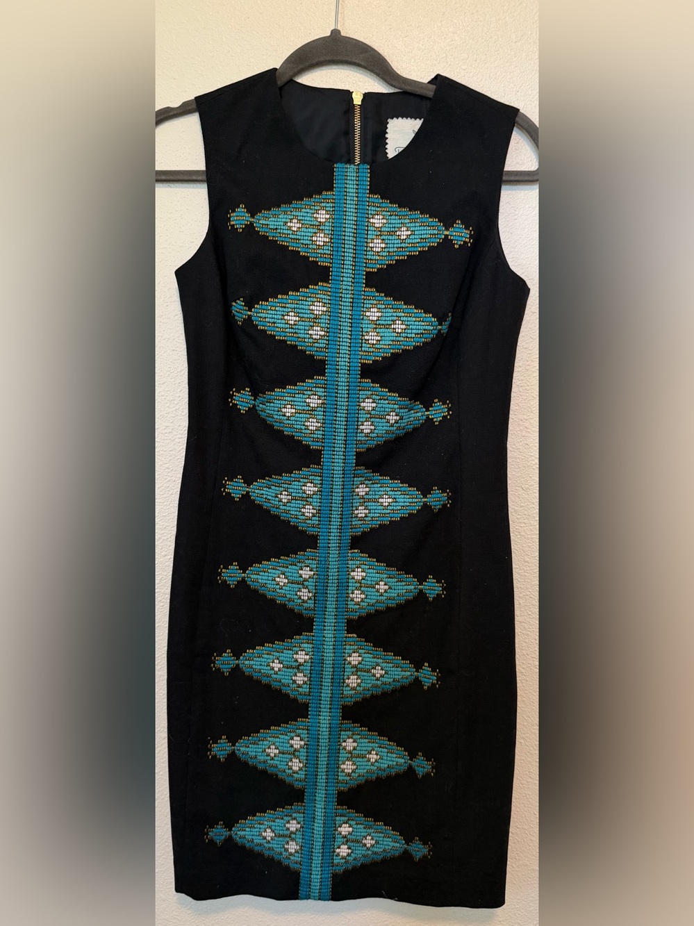 Anthropologie Black Mini Dress with Teal Embroidered Panel